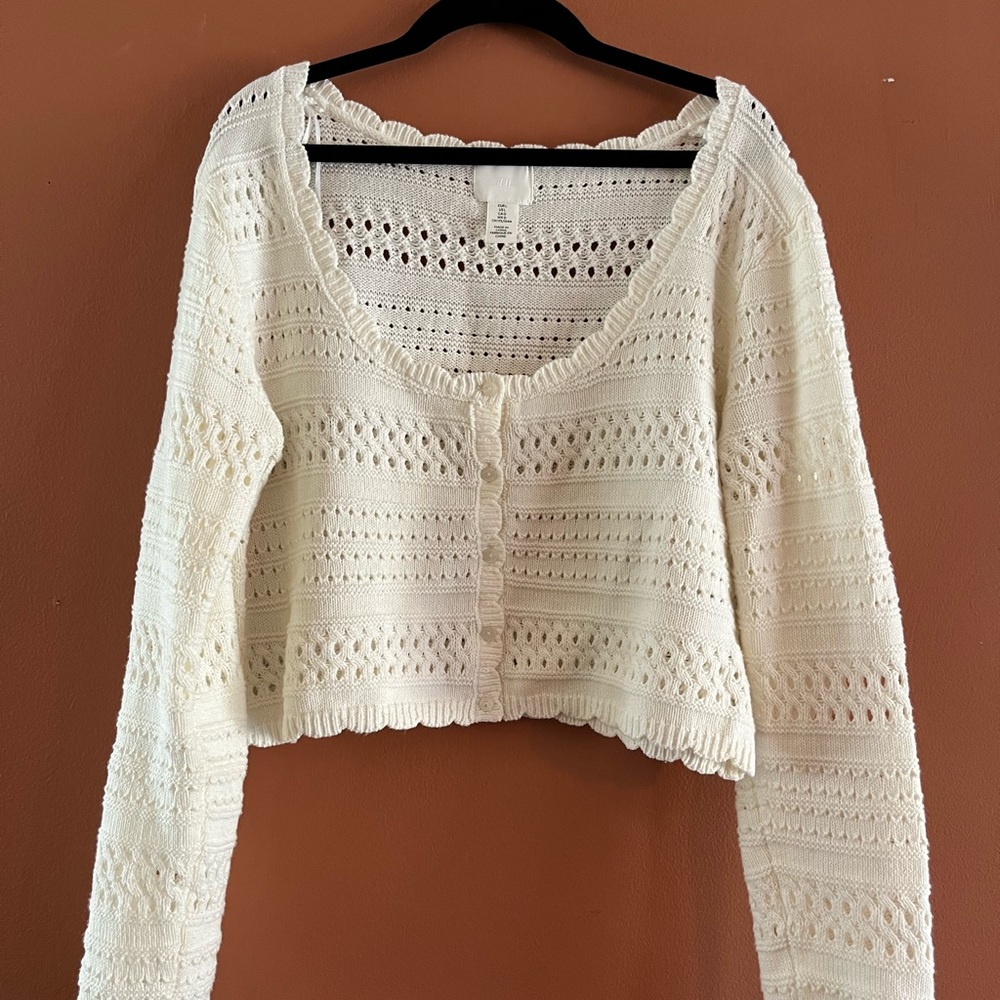H&M Cropped White Lace Knit Cardigan